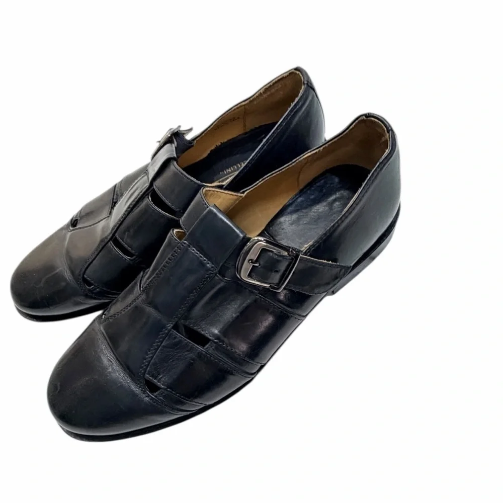 Johnston & Murphy Cellini Black Italian Leather Fisherman Buckle Shoes Size 10